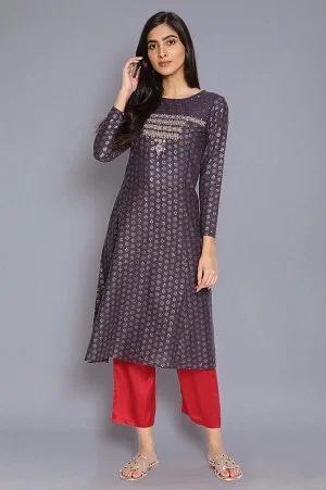 navy blue printed kurta with embroidery
