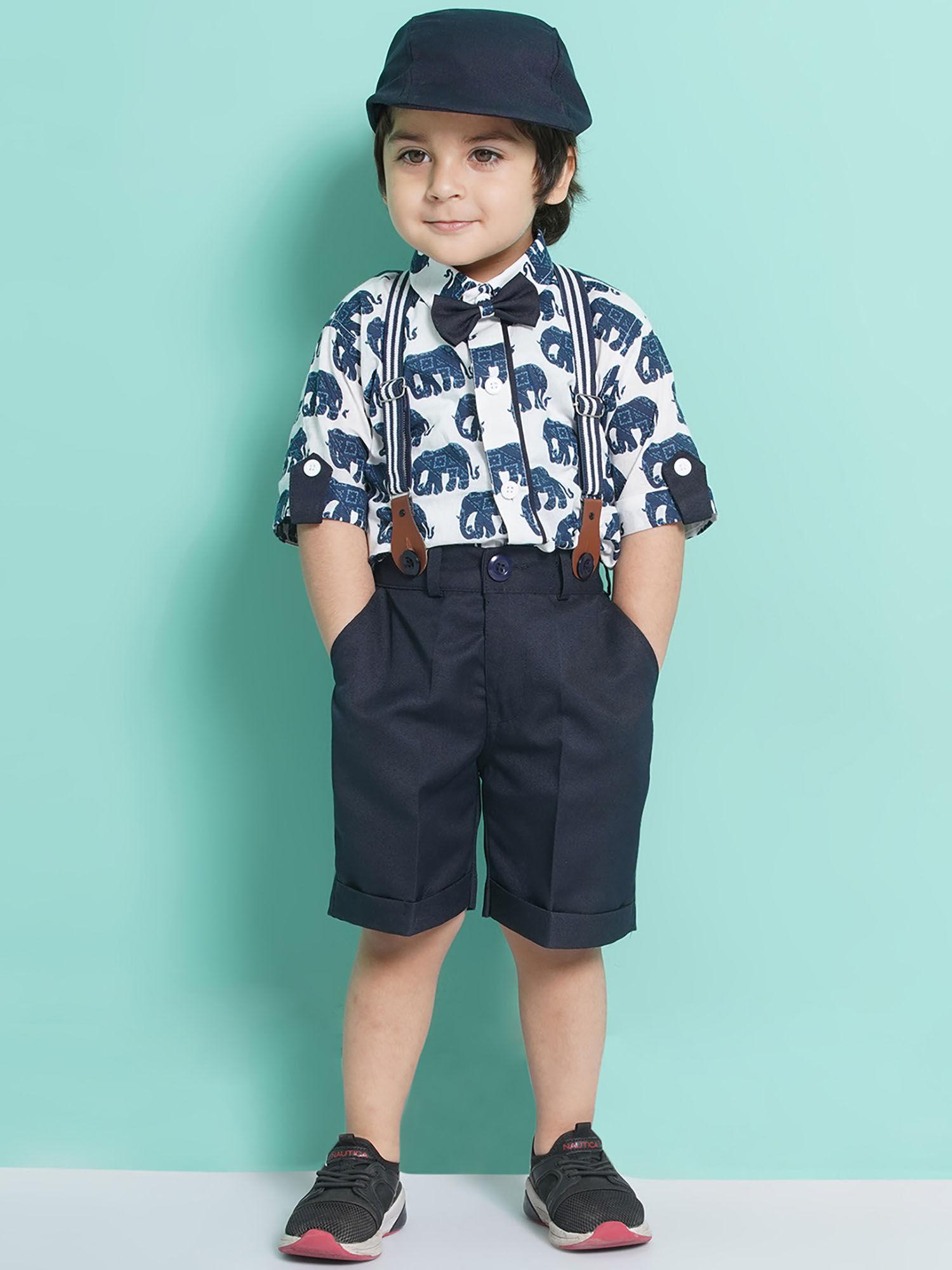 navy blue printed shirt shorts with suspender & cap bow tie (set of 5)