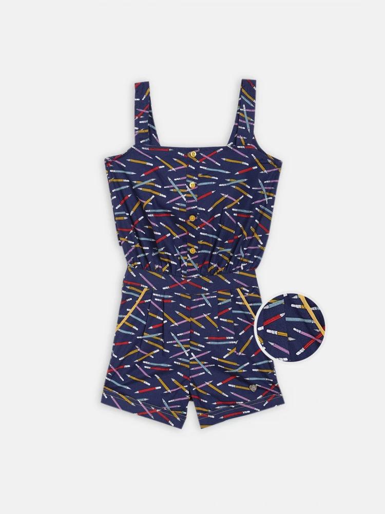 navy blue printed square neck playsuit