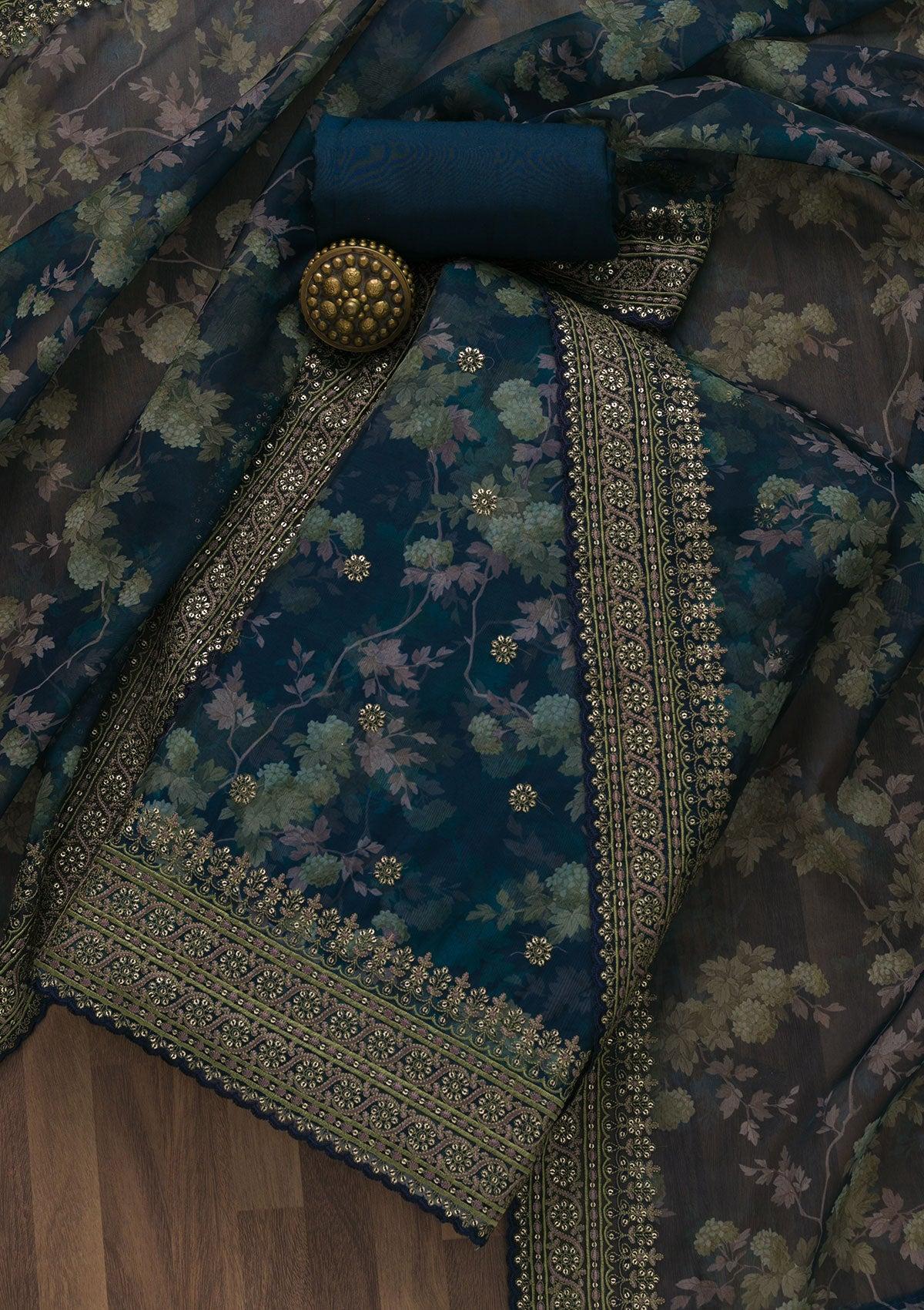 navy blue printed tissue unstitched salwar suit