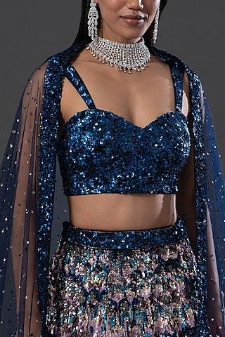 navy blue raw silk floral sequin embroidered lehenga set