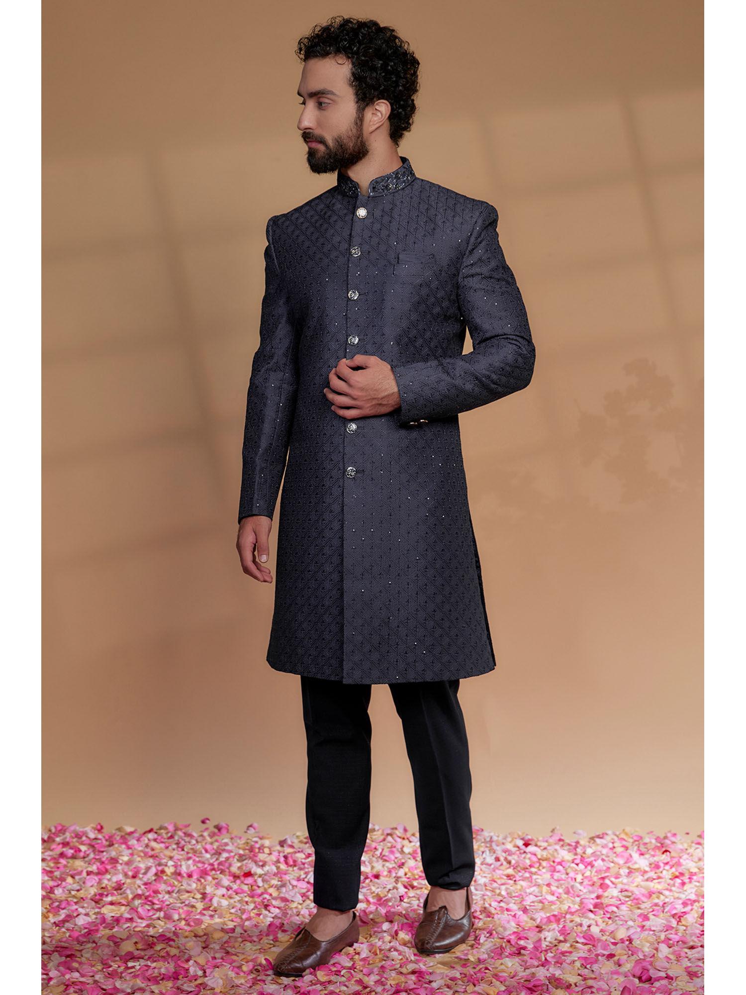 navy blue raw silk hand embroidered sherwani with pant (set of 2)