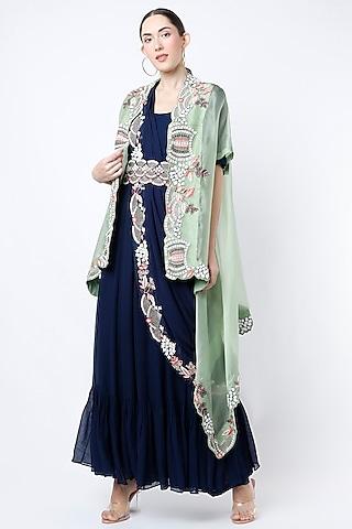 navy blue saree gown with cape