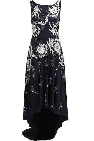 navy blue sequins and beads embellished dark beauty cocktail gown