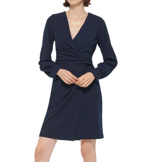 navy blue side knot faux wrap dress