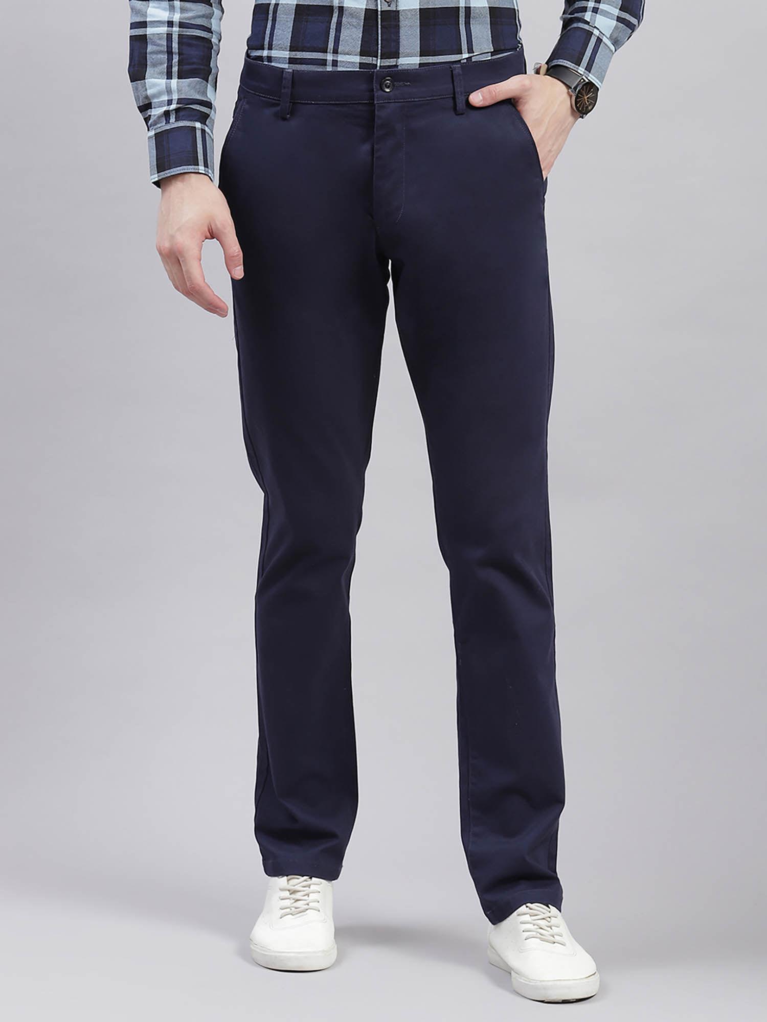 navy blue solid regular fit casual trouser