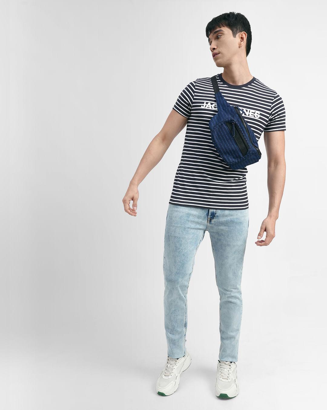 navy blue striped crew neck t-shirt