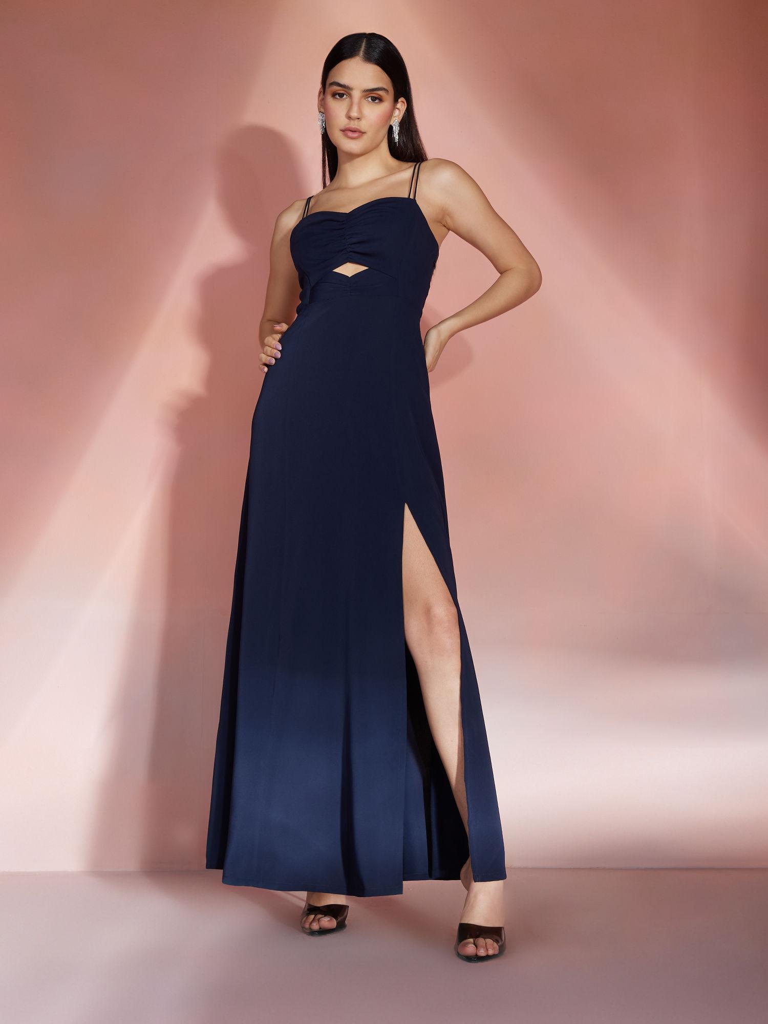 navy blue sweetheart neck gown