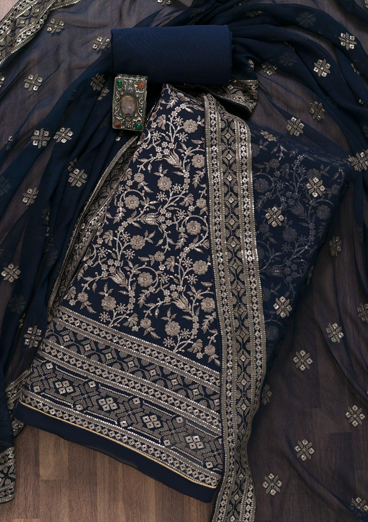 navy blue threadwork georgette unstitched salwar suit