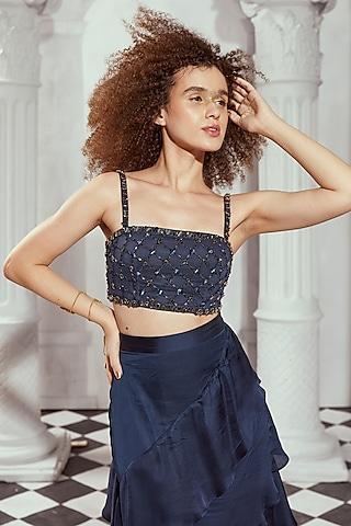 navy blue tulle stone embellished crop top