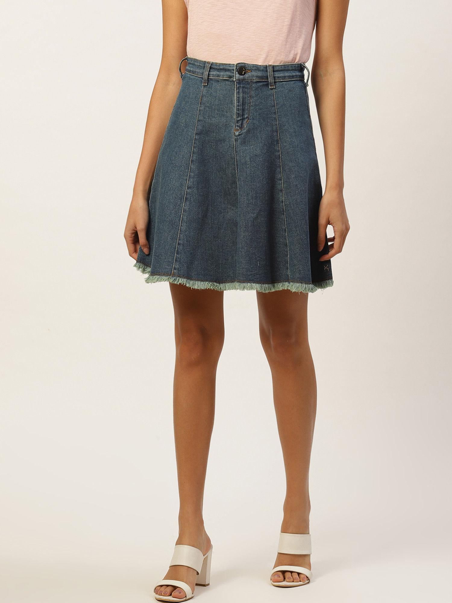 navy blue washed high-rise denim stretchable a-line skirt
