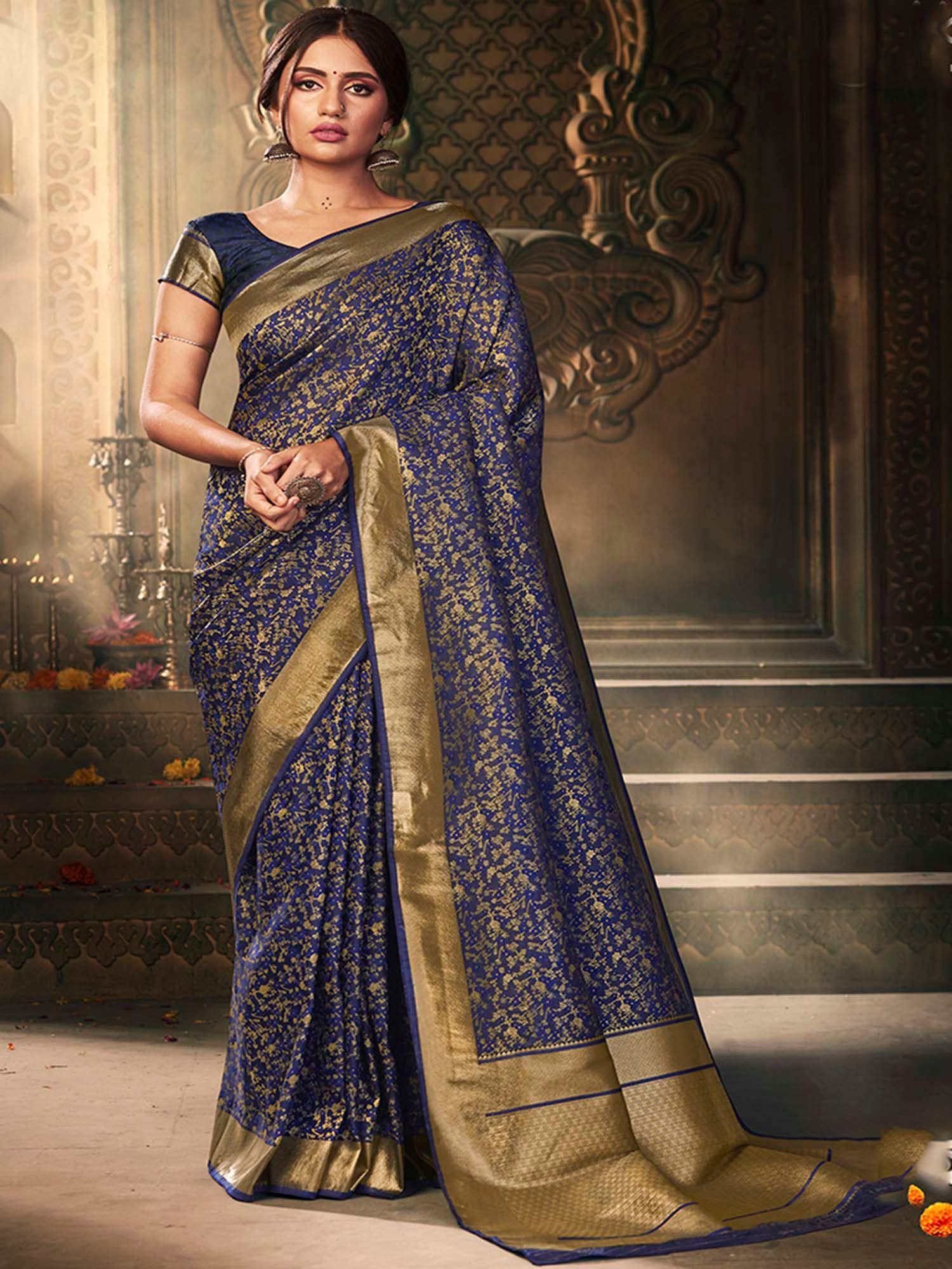 navy blue woven banarasi silk saree with unstitched blouse