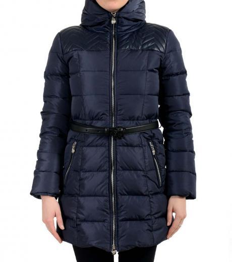 navy blue zip up hooded belted jacket