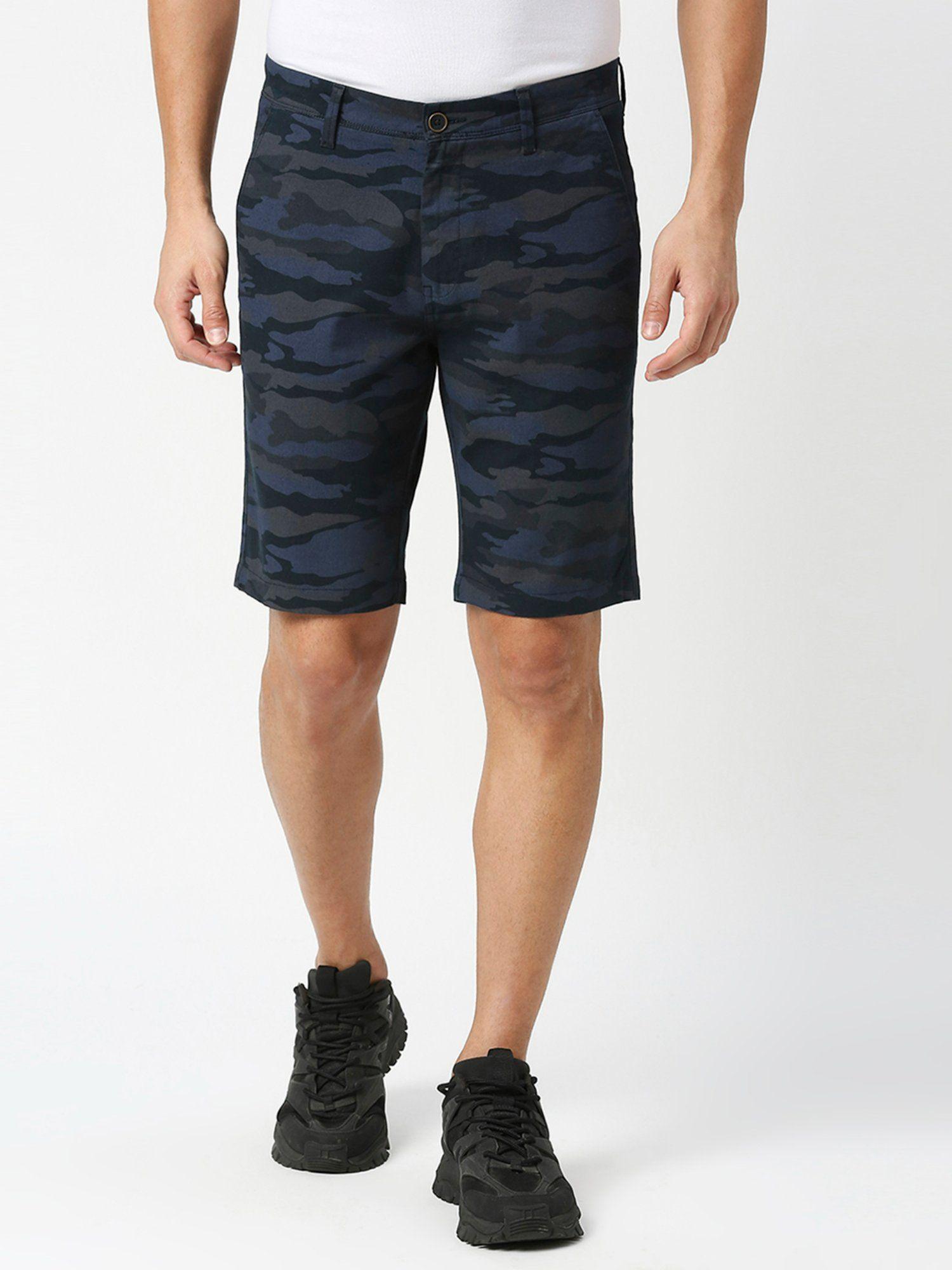 navy camouflage cotton stretch insert pocket shorts