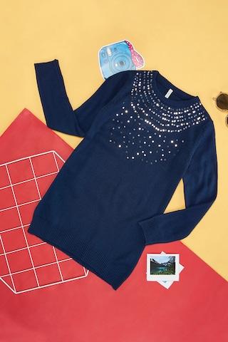 navy embroidered casual full sleeves round neck girls regular fit sweater