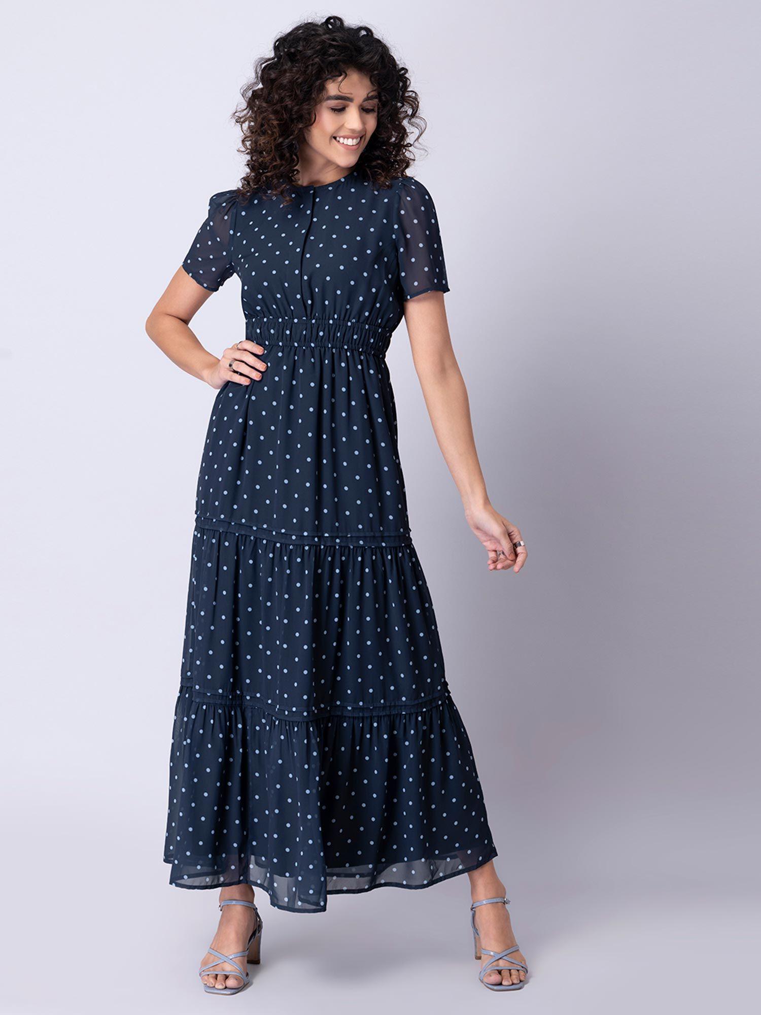 navy polka ruched open front maxi dress