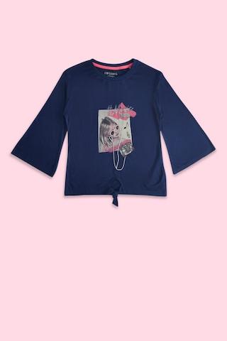 navy printed casual 3/4th sleeves round neck girls regular fit t-shirt
