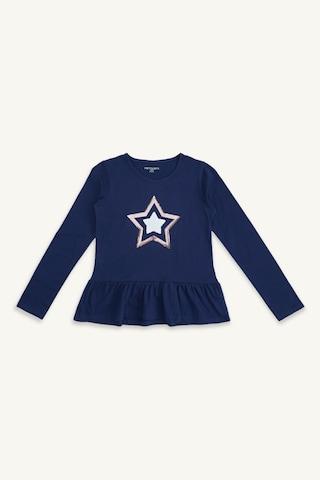 navy printed casual full sleeves round neck girls regular fit blouse
