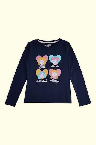 navy printed casual full sleeves round neck girls regular fit t-shirt
