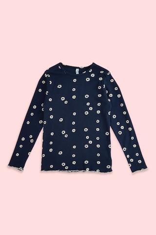 navy printed casual full sleeves round neck girls regular fit t-shirt