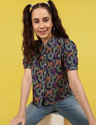 navy puff sleeve floral print crop shirt