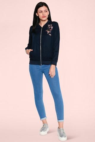 navy solid casual full sleeves round neck women regular fit jacket