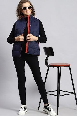 navy solid casual sleeveless turtle neck women regular fit jacket