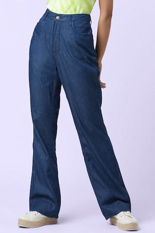 navy solid full length high rise casual women wide leg jeans