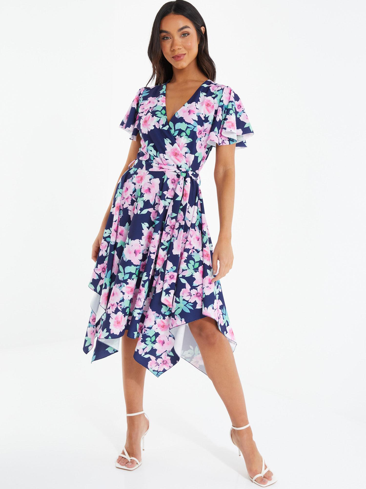 navy/pink floral scuba crepe hanky hem dress (set of 2)