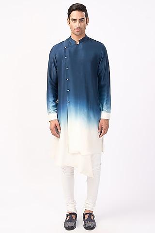 navy & ivory silk asymmetric ombre kurta set