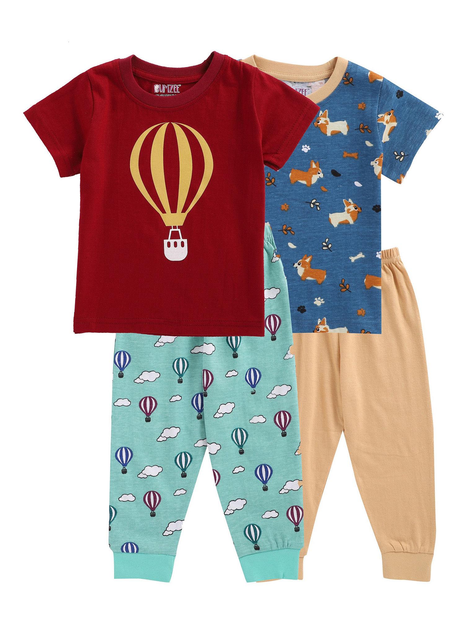 navy & maroon half sleeve baby boys t-shirt & pajama (set of 4)