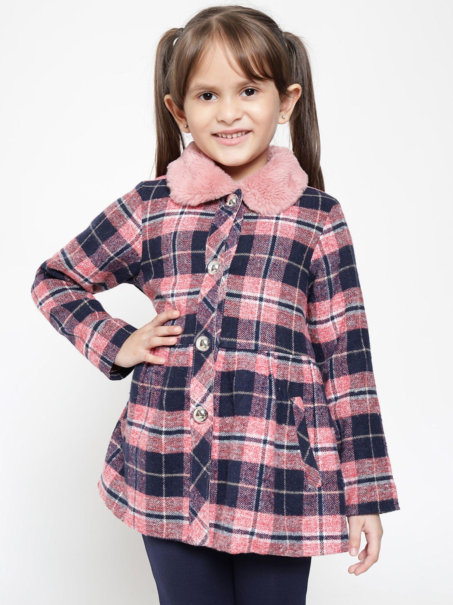 navy & pink coloured checks westernwear girls coat