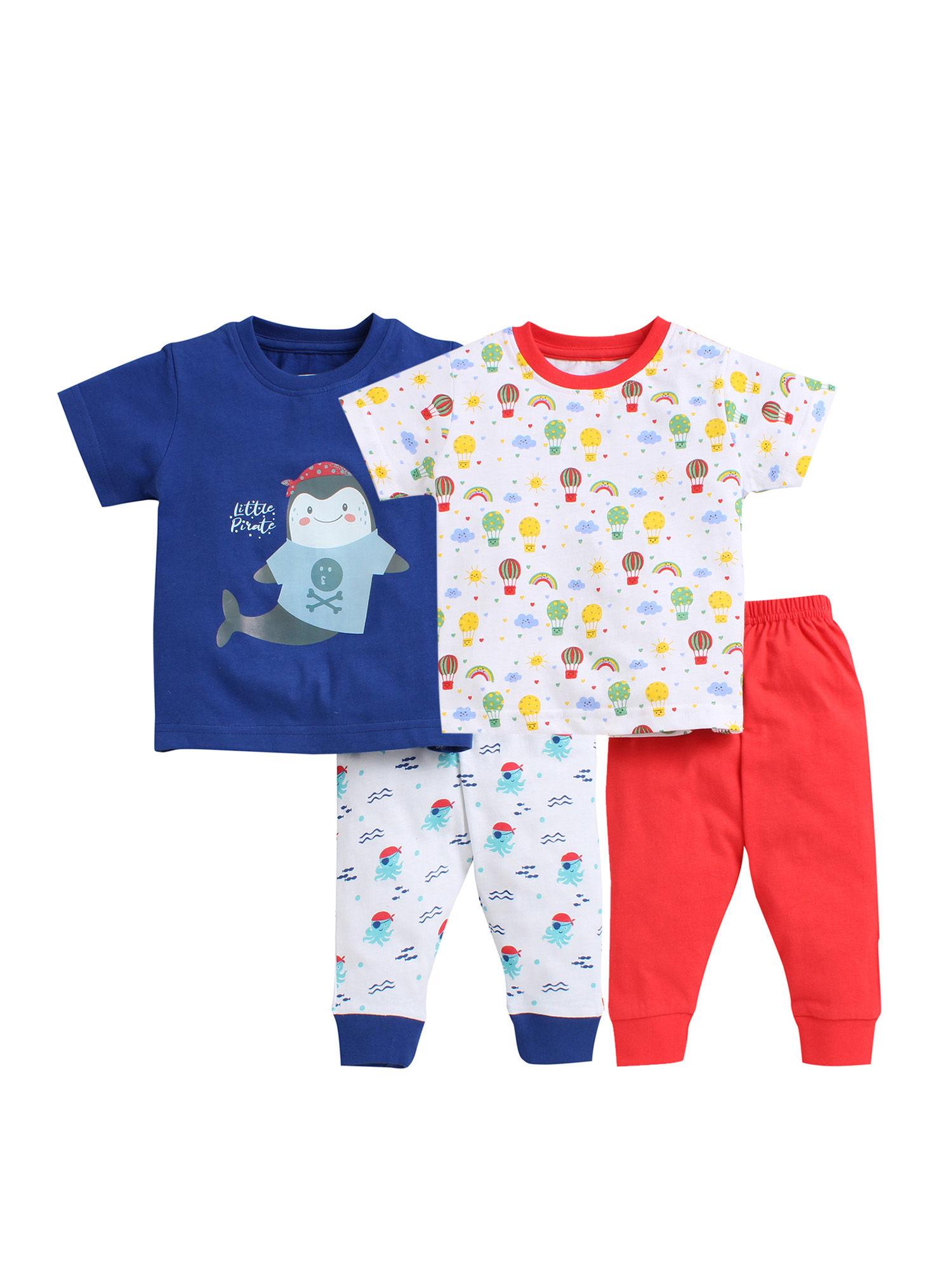 navy & red half sleeve baby boys t-shirt & pajama (set of 4)