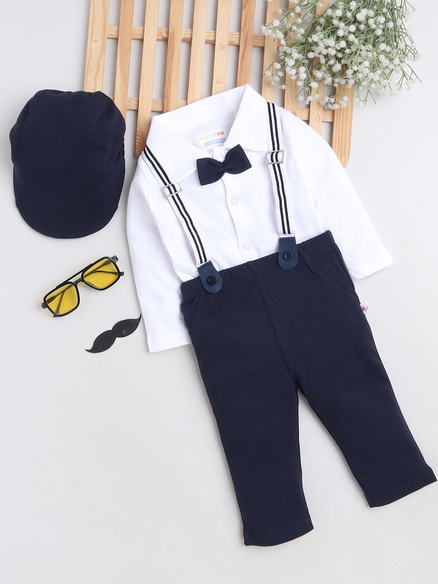 navy & white boys full sleeves shirt pant with suspender & cap (set of 4)