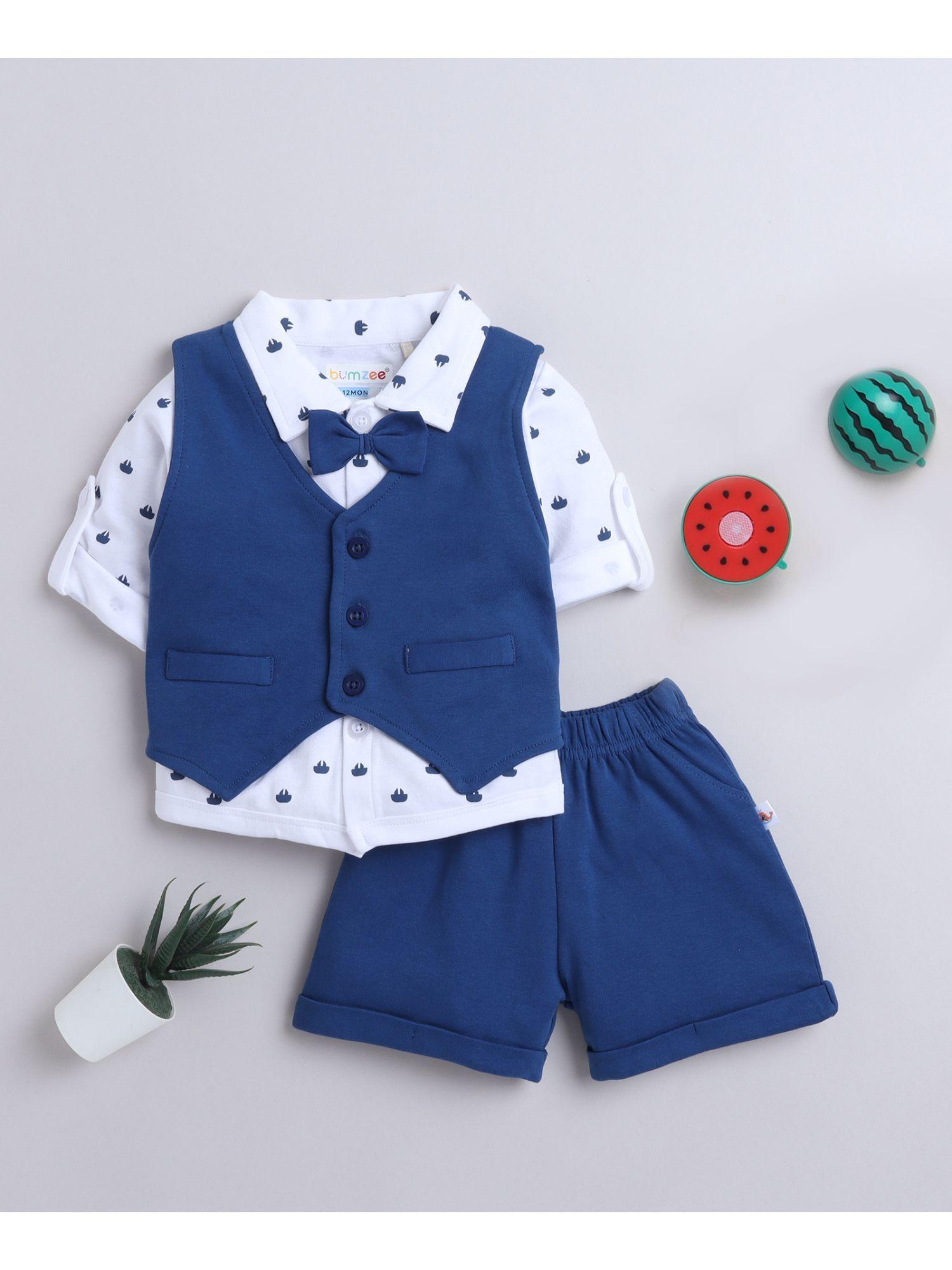 navy & white boys shirt waistcoat and shorts with applique bow (set of 4)