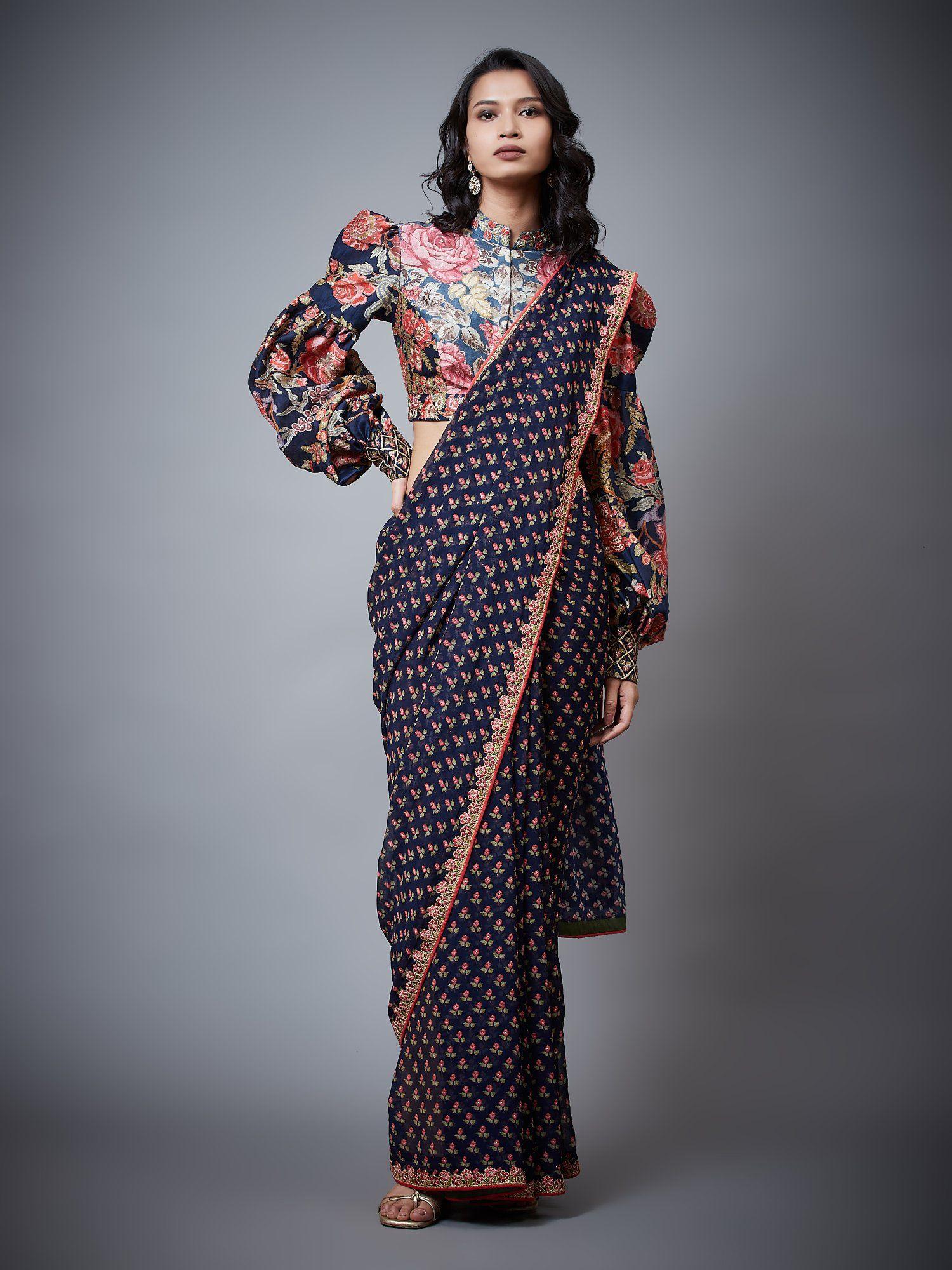navy and multi colour navina printed saree with stitched blouse