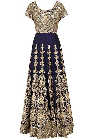 navy and peach embroidered anarkali set
