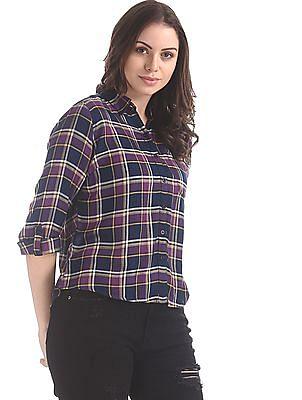 navy and purple spread collar check shirt