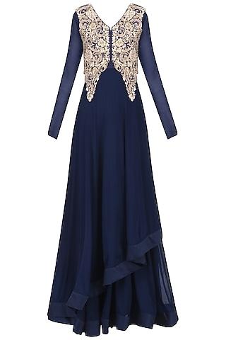 navy asymmetric gown with embroidered jacket