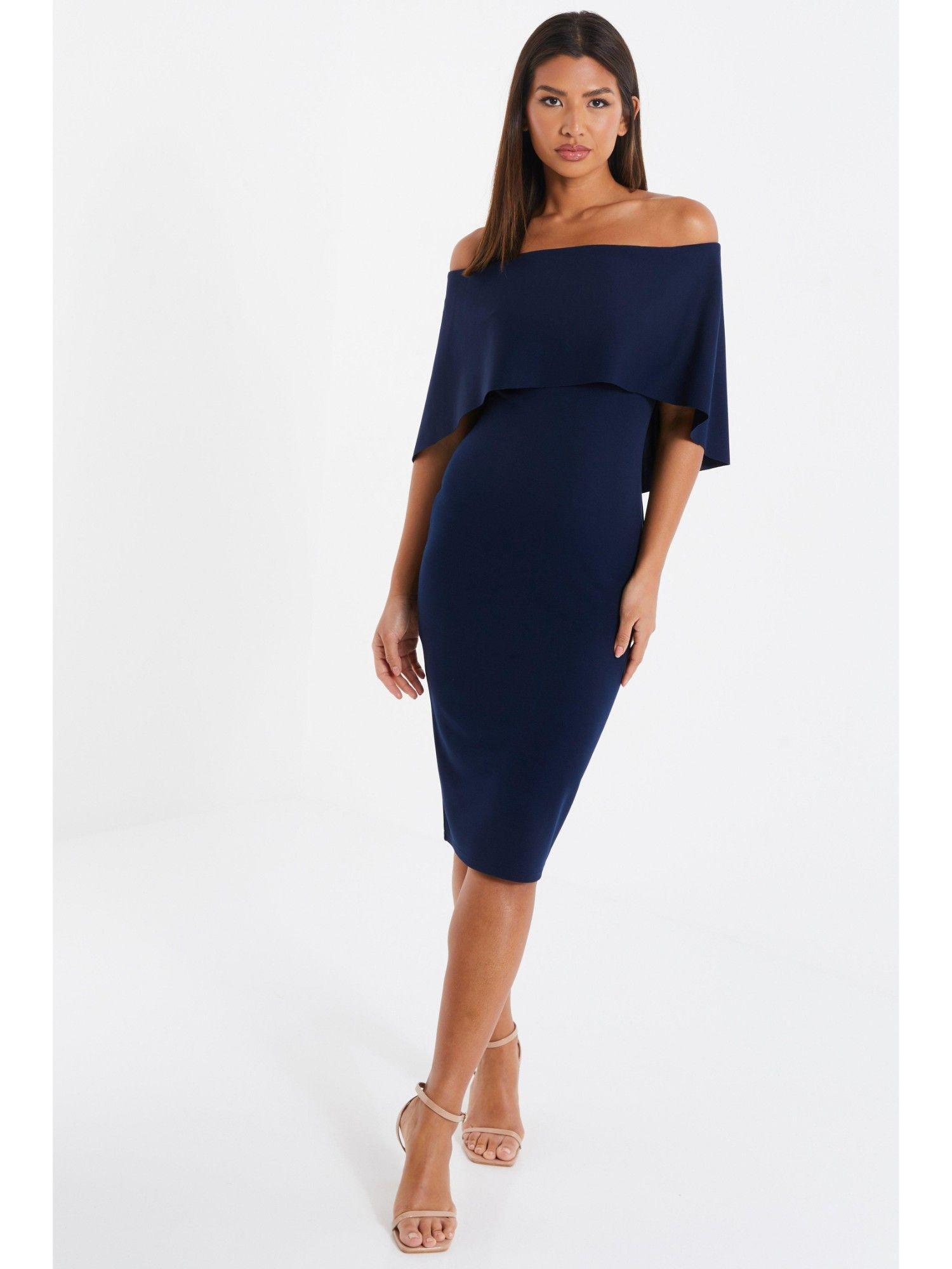 navy bardot cape bodycon midi dress