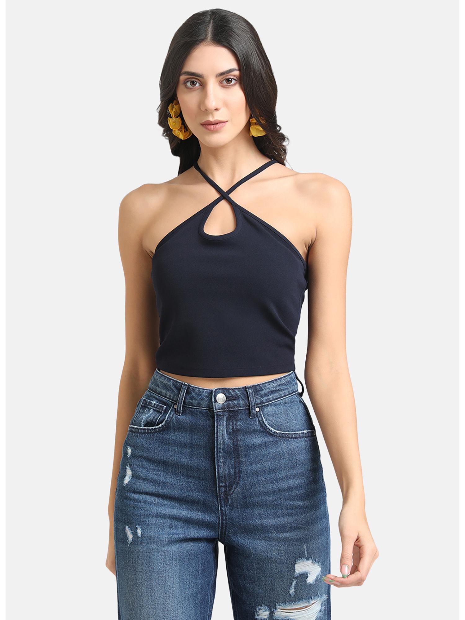 navy basic crop top with front criss cross detail