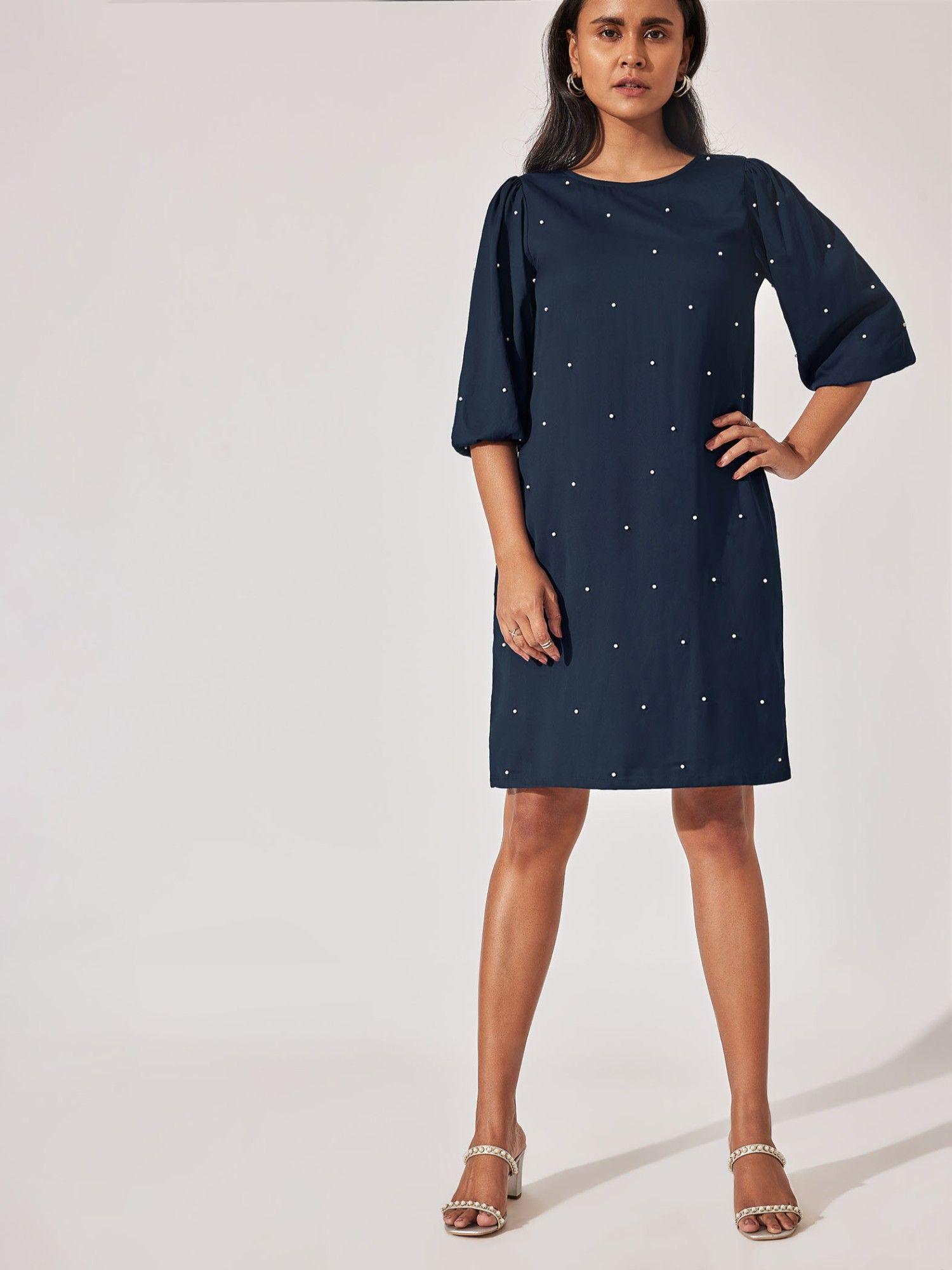 navy beaded boat neck dress