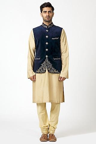 navy blue & beige embroidered kurta set with waist coat