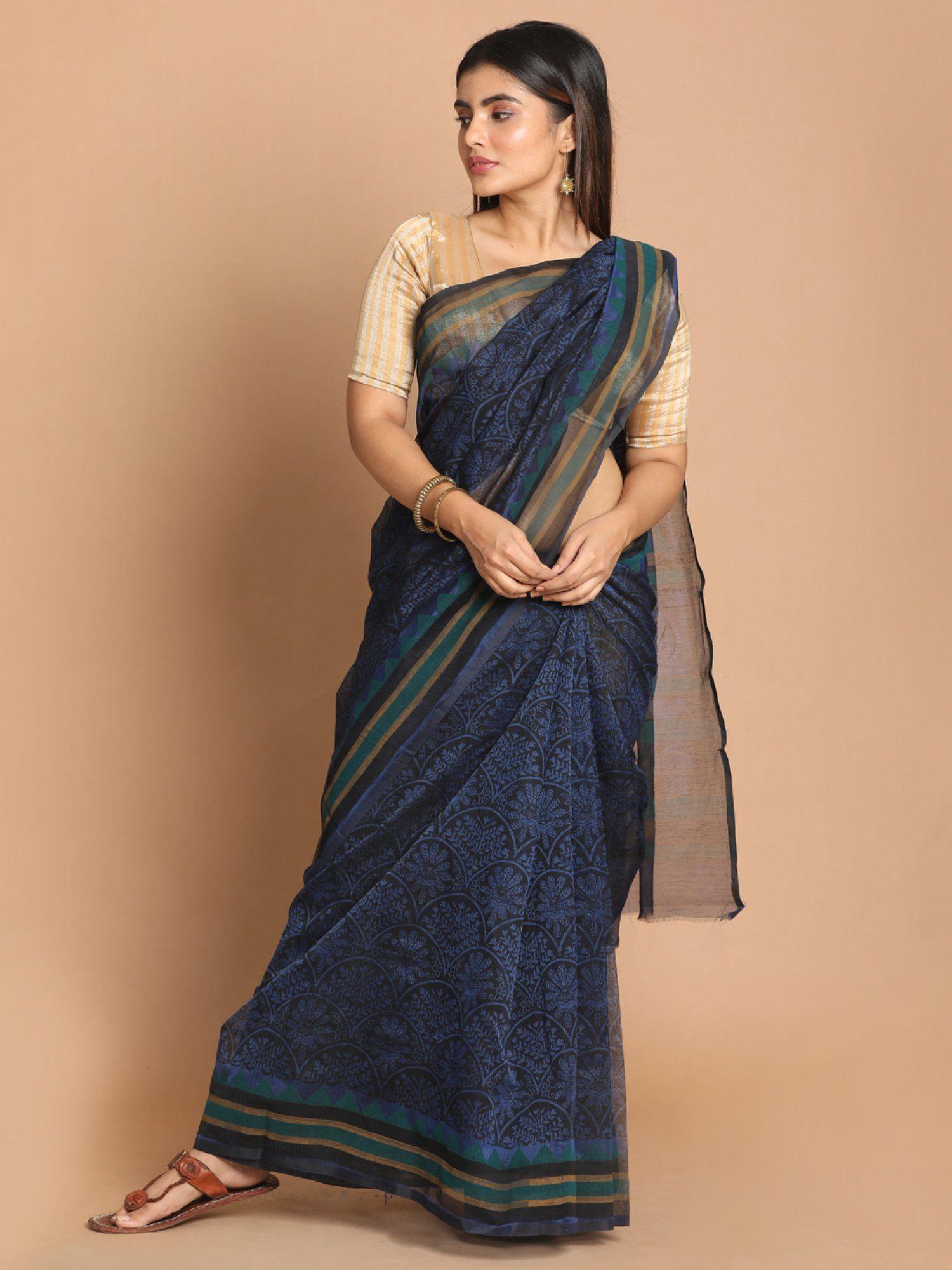 navy blue & black printed cotton blend saree with unstitched blouse