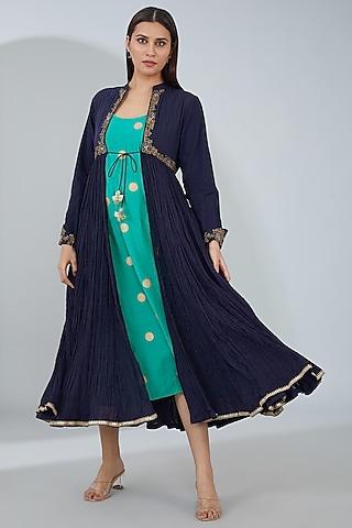 navy blue & blue organic cotton midi jacket dress