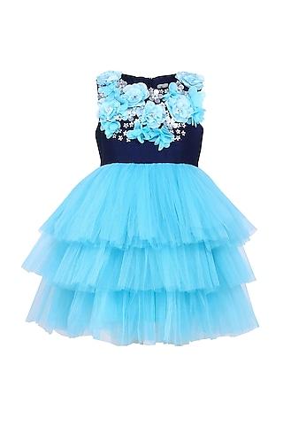 navy-blue & blue taffeta & tulle embroidered dress for girls