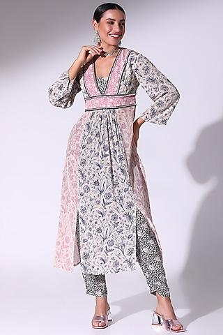 navy blue & dusty pink crepe floral printed tunic set