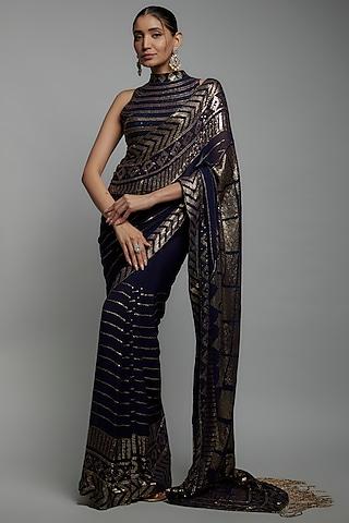 navy blue & gold chiffon sequins embroidered saree set