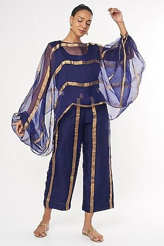 navy blue & gold handwoven poncho