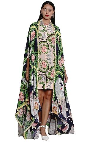 navy blue & green printed cape
